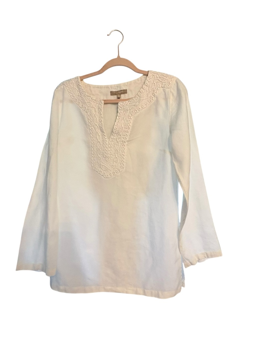 Tommy Bahama Cream Embroidered V-Neck Lightweight 100% Linen Tunic sz M